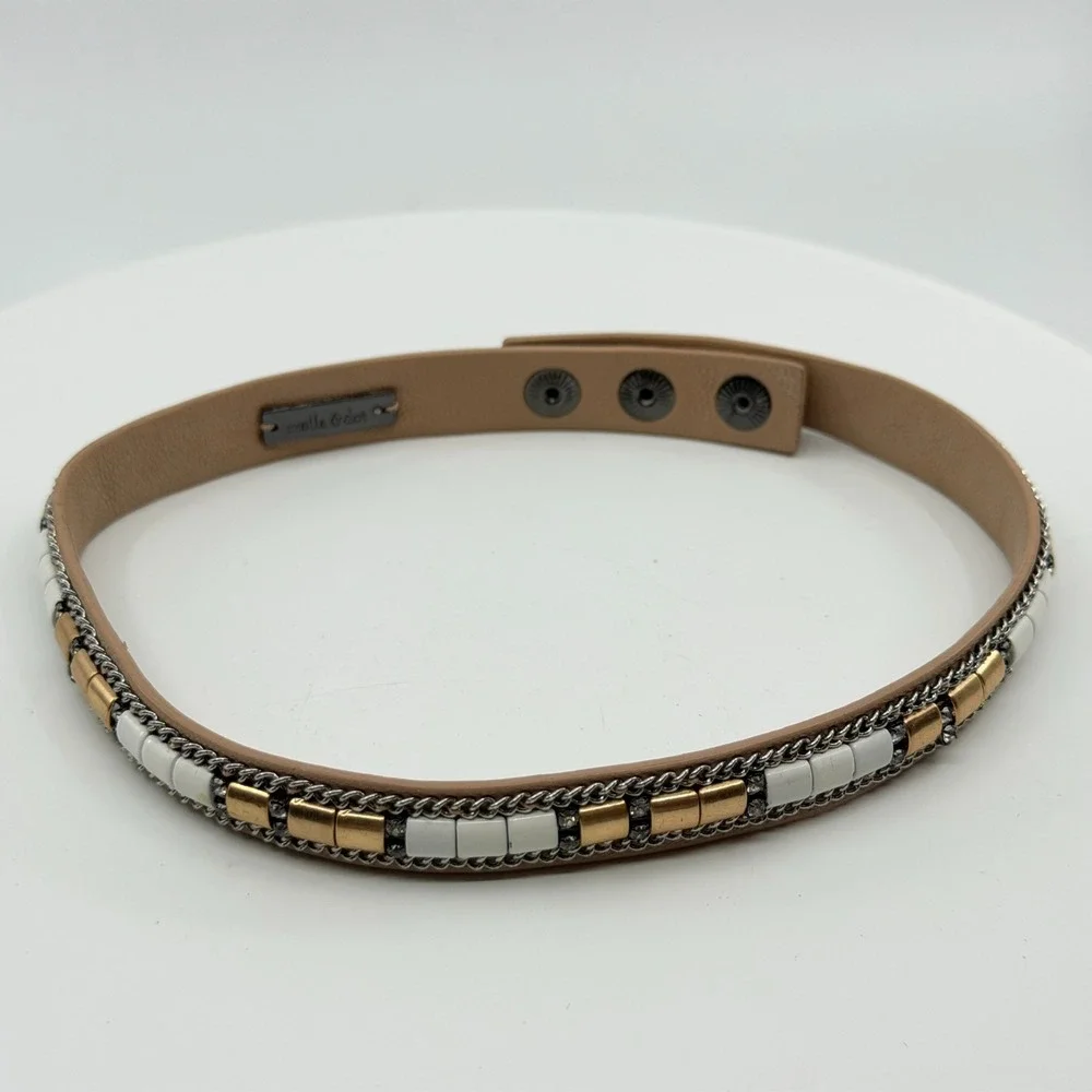 Stella & Dot Tan Faux Leather Wrap Bracelet Mixed Metal Rhinestone Boho Gift